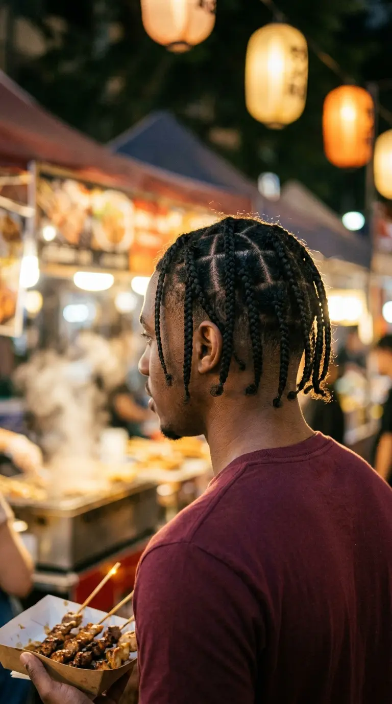 Three quarter back view of a Black man with box braids and a faded undercut