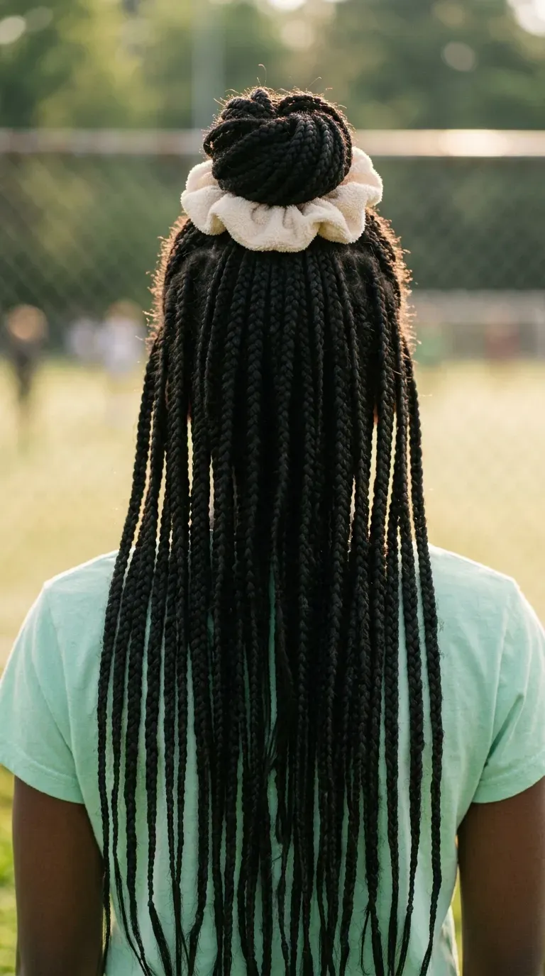 Box braids gathered into a half up top knot on a school field