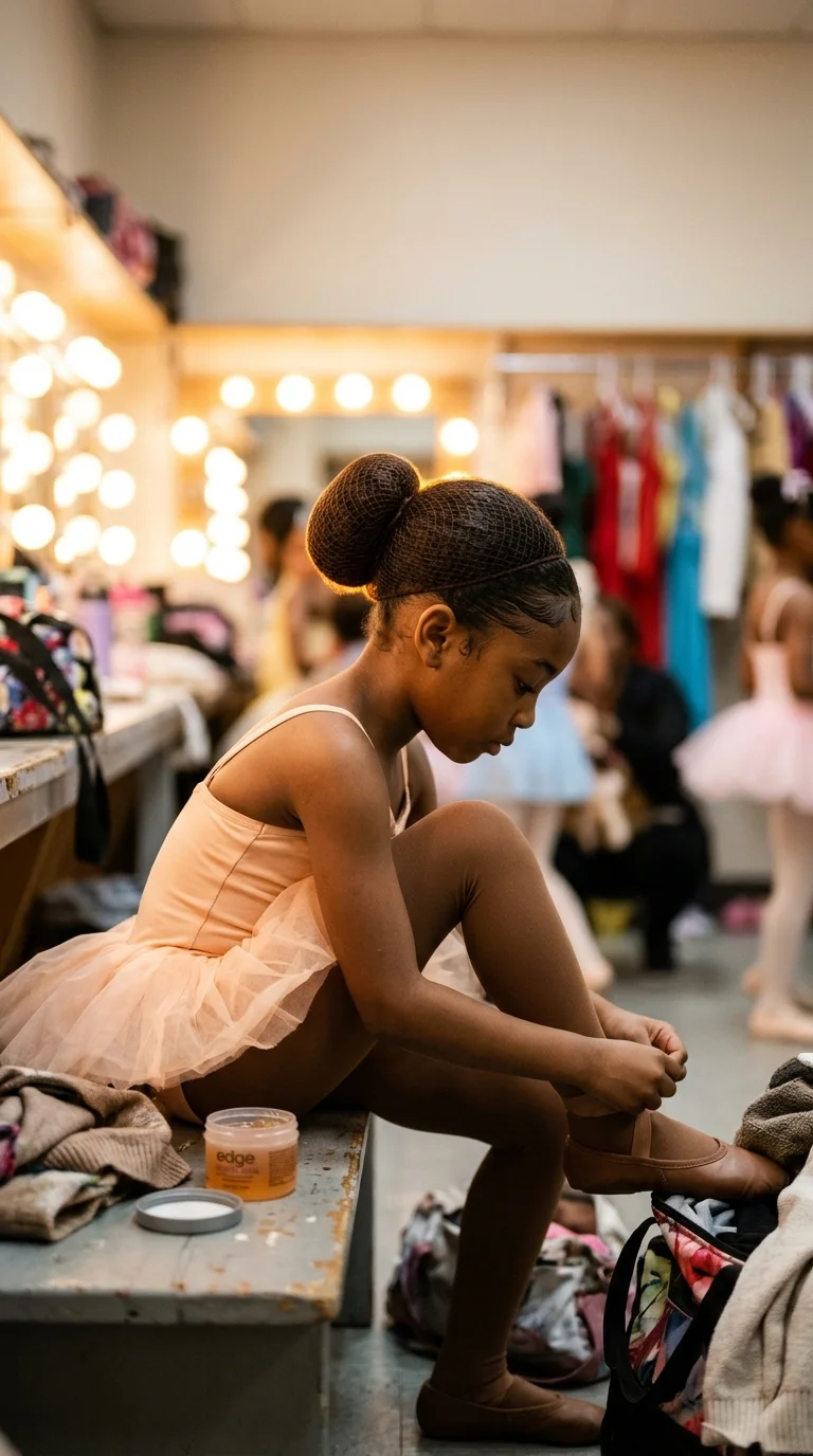Three quarter back view of a dancer with long box braids coiled into a high bun with gold cuffs