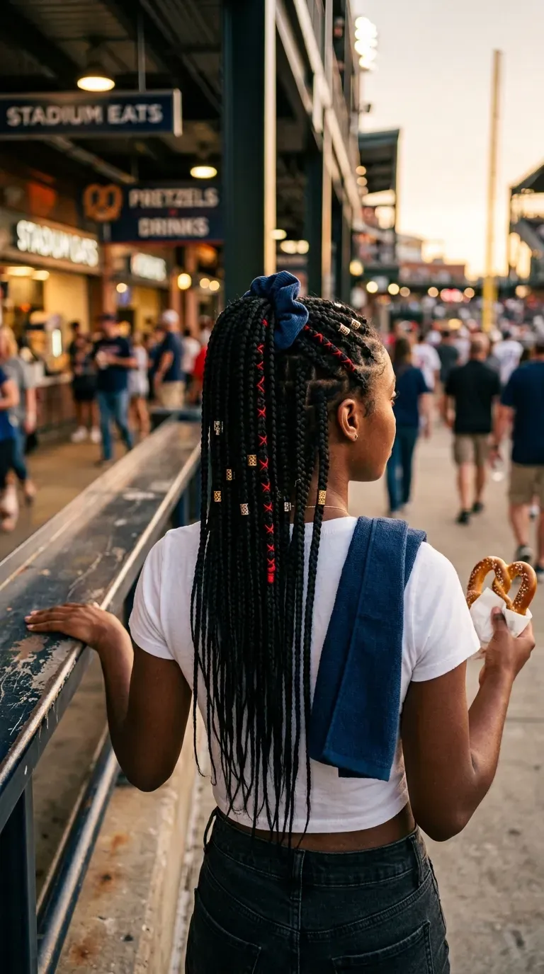 Box braids in a high ponytail decorated with gold and silver cuffs