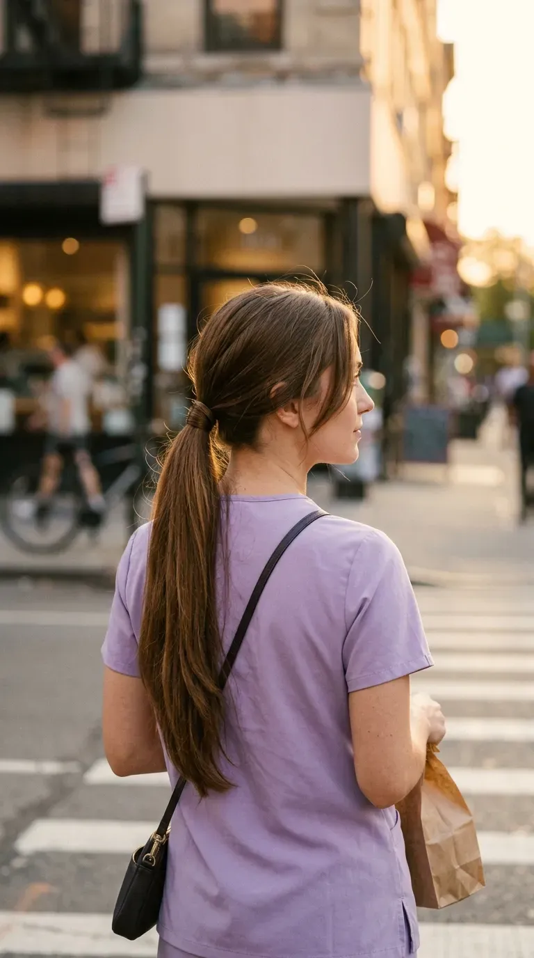 Three quarter view of long box braids in a wrapped low bun at a market