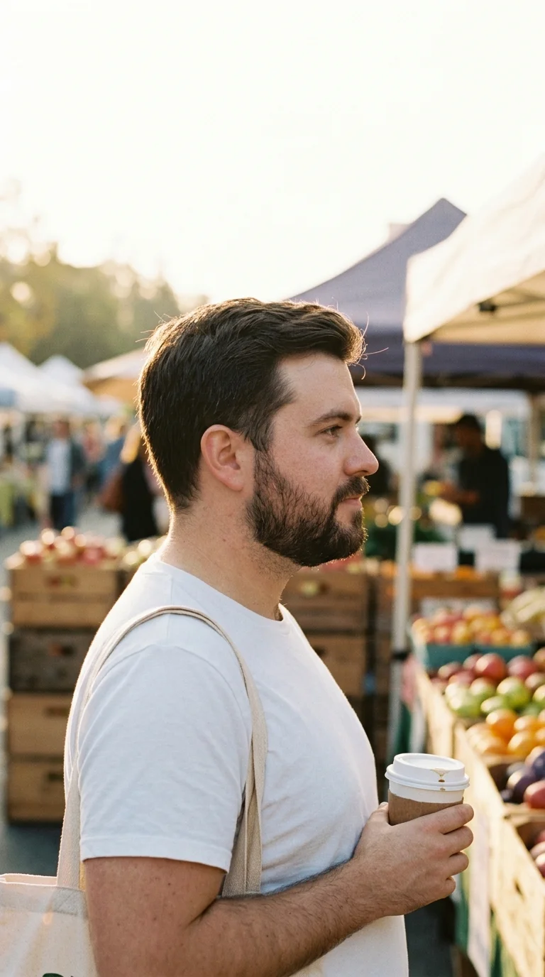 Three quarter view of a short boxed beard with square corners at a farmers market