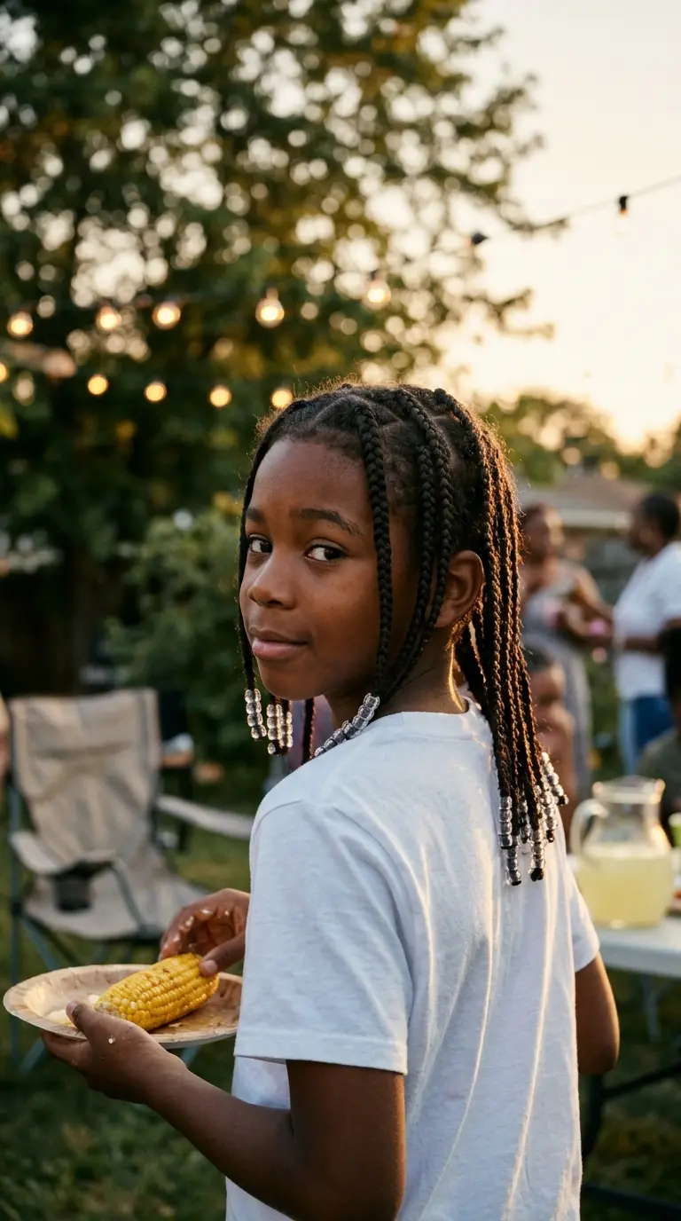 Three quarter back view of a boy with long box braids and clear beads