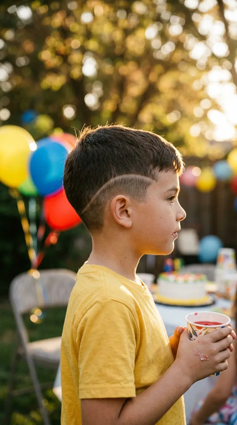 Side profile of one of the fun boys haircuts with a shaved line design