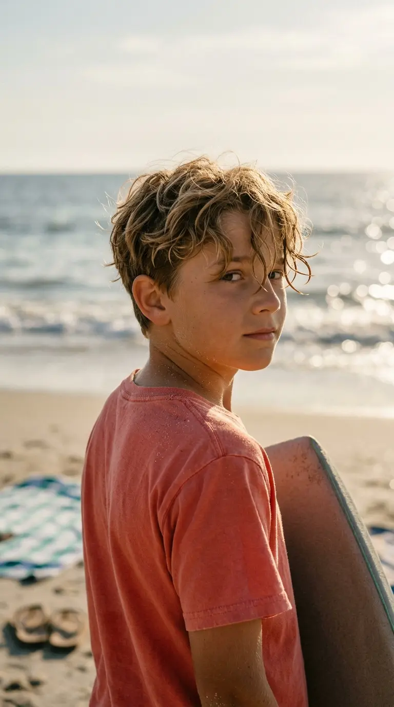 Three quarter back view of a boy with a wavy surfer cut at the beach