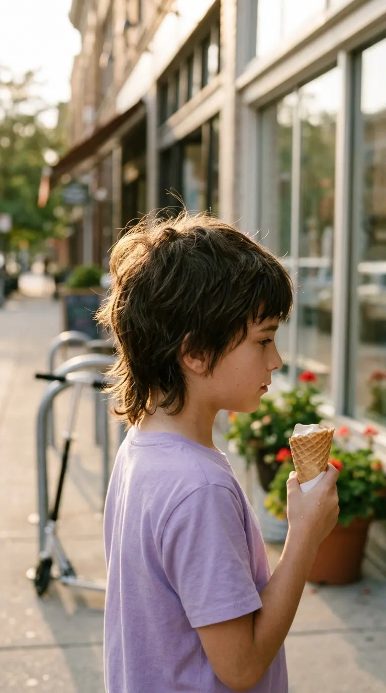 Side profile of a boy with a wolf cut, shaggy crown and wispy long back