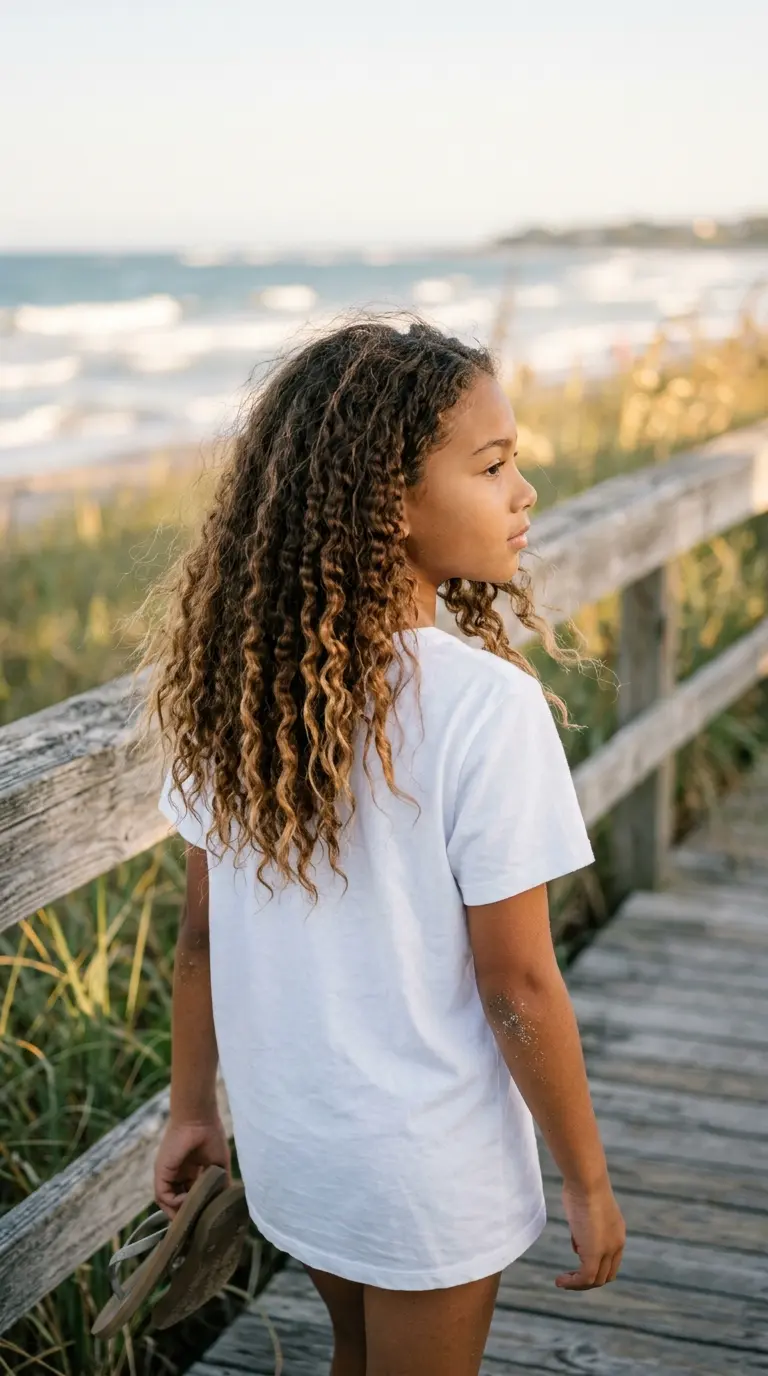 Three quarter back view of a mixed girl with a stretched wavy braid out at the beach boardwalk