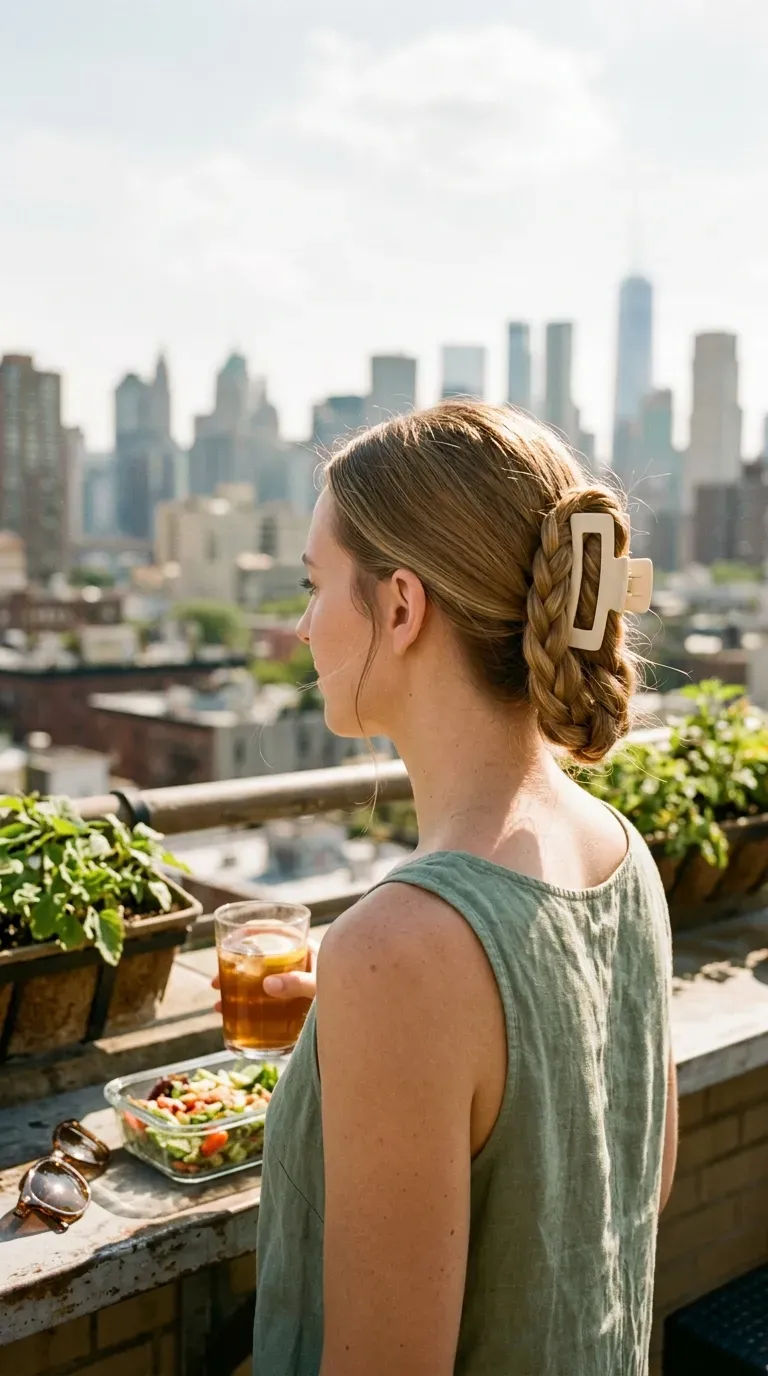 Side profile of a braid folded under a cream claw clip on a rooftop