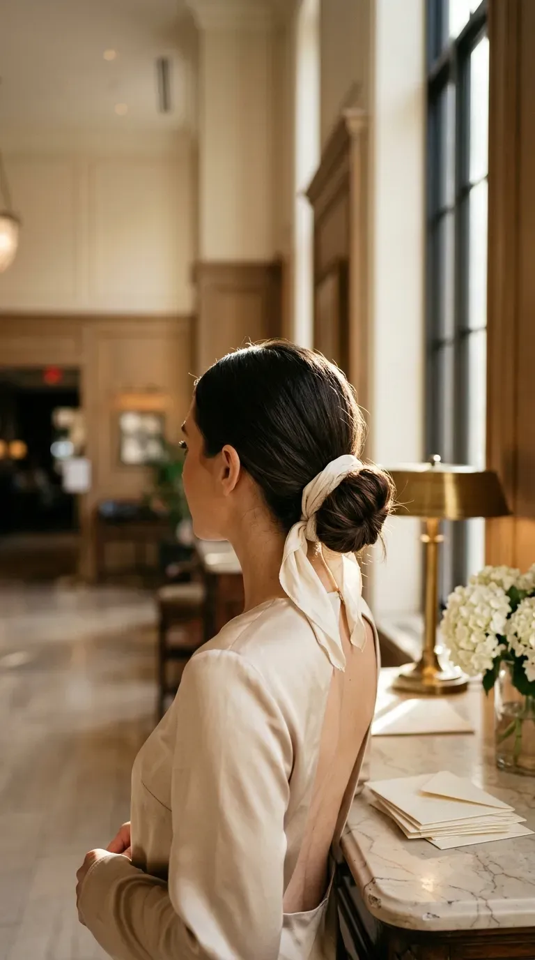 Over the shoulder view of a braid wrapped bun on a rooftop terrace