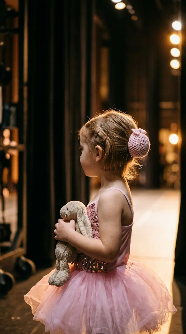 Over the shoulder view of a dancer with a ballet bun made from a coiled braid