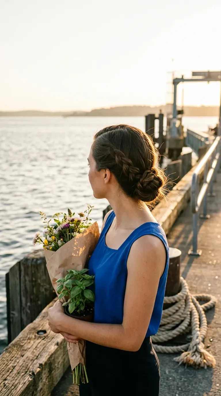 Back three quarter view of a braided bun at the nape on a ferry dock