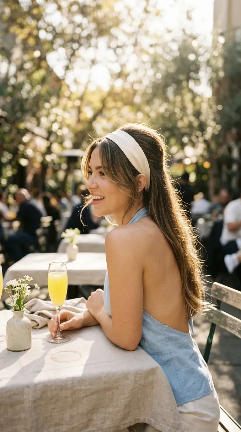 Side profile of a loose braided chignon tucked low at a vineyard at sunset