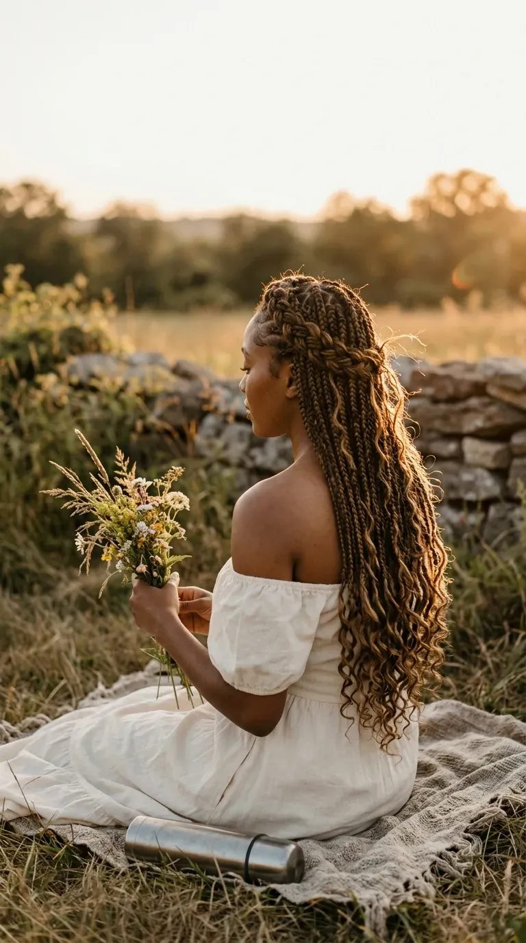 Three quarter back view of a braided crown with long boho knotless braids and curls
