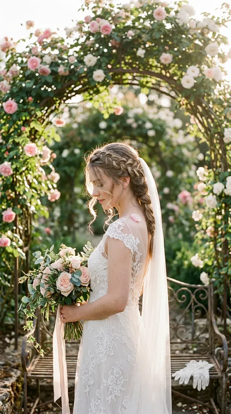 Three quarter front side view of a braided crown with a long veil