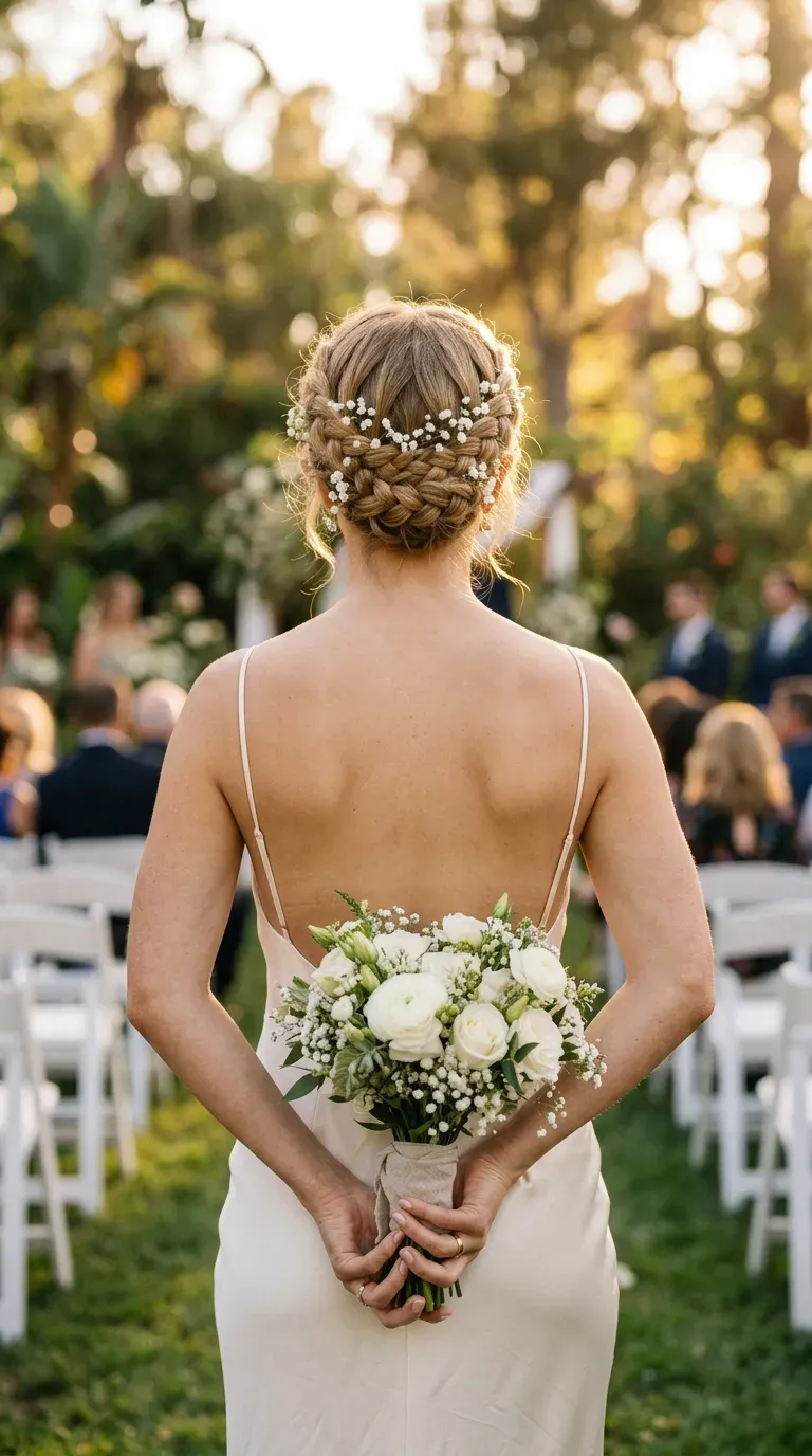 Back view of a braided crown hairstyle with tiny white flowers at a garden wedding