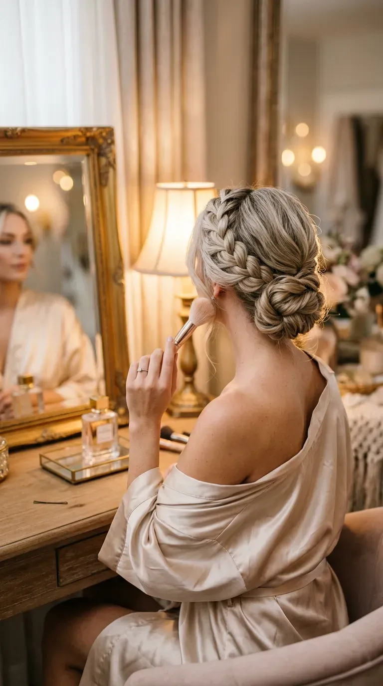 Back view of a braided crown flowing into a low chignon at a vanity