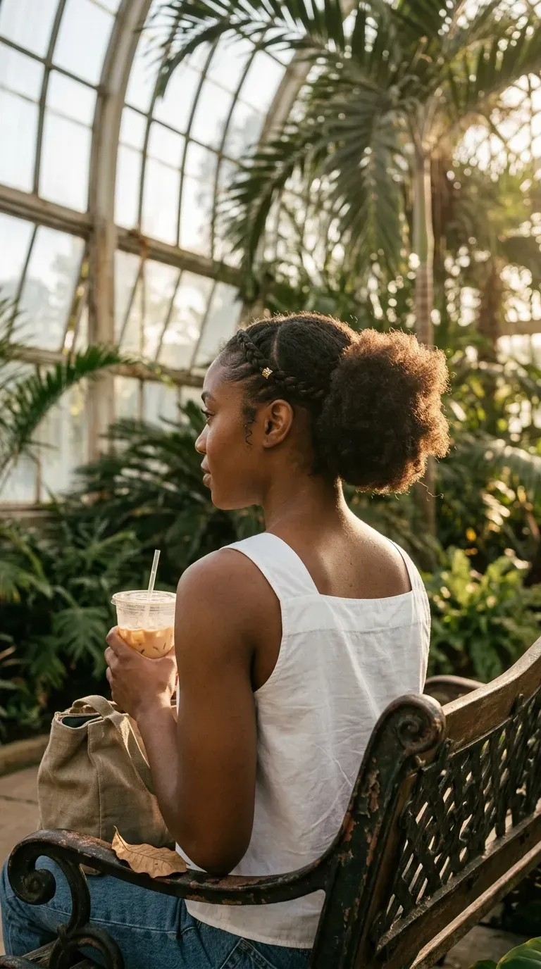Three quarter back view of a braided crown around a natural puff in a greenhouse