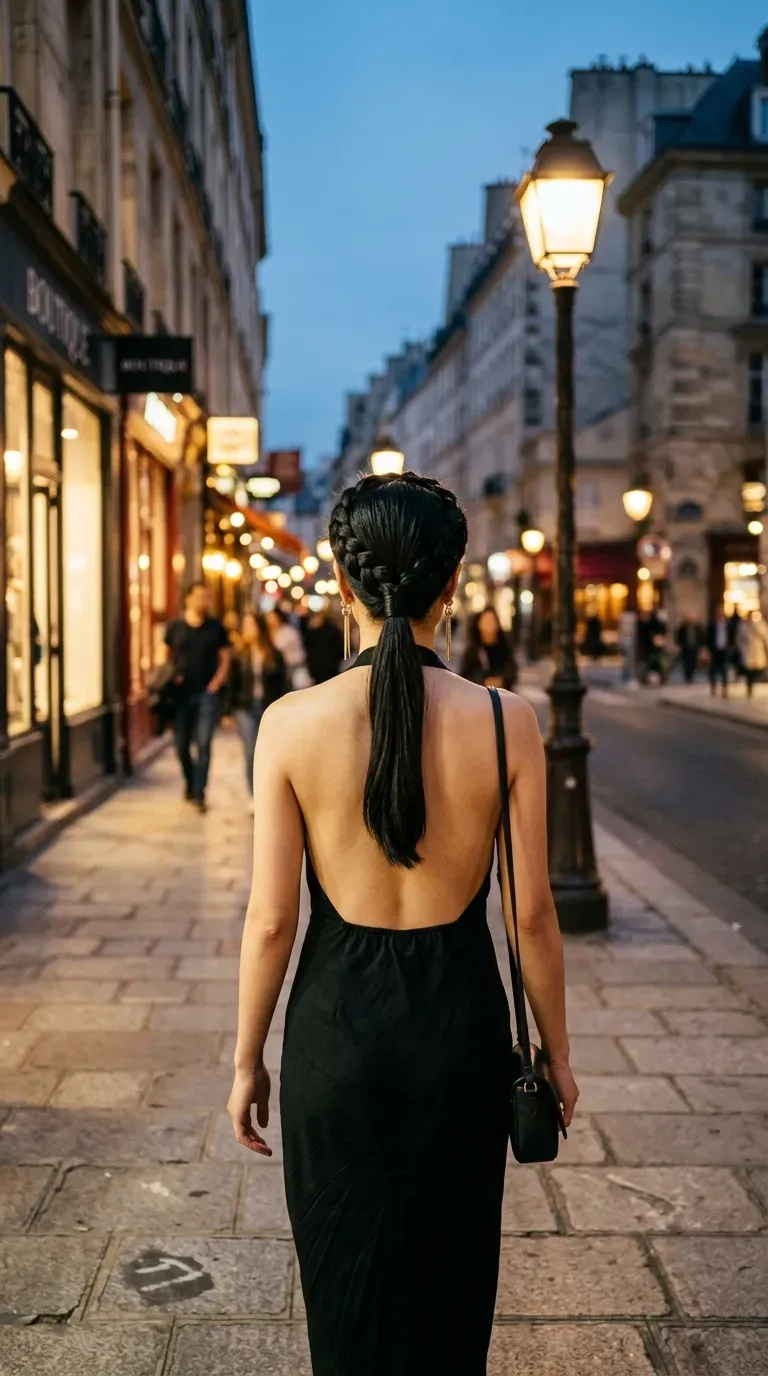 Back view of a braided crown with a sleek ponytail on a city street