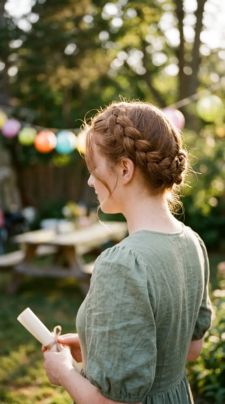 Three quarter back view of a braided crown wrapped around the head like a halo