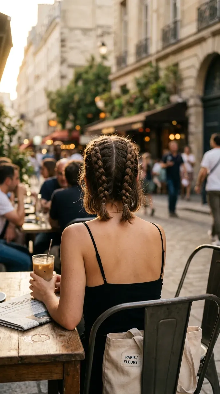 Braided hairstyles for short hair shown as two Dutch braids on a brunette bob