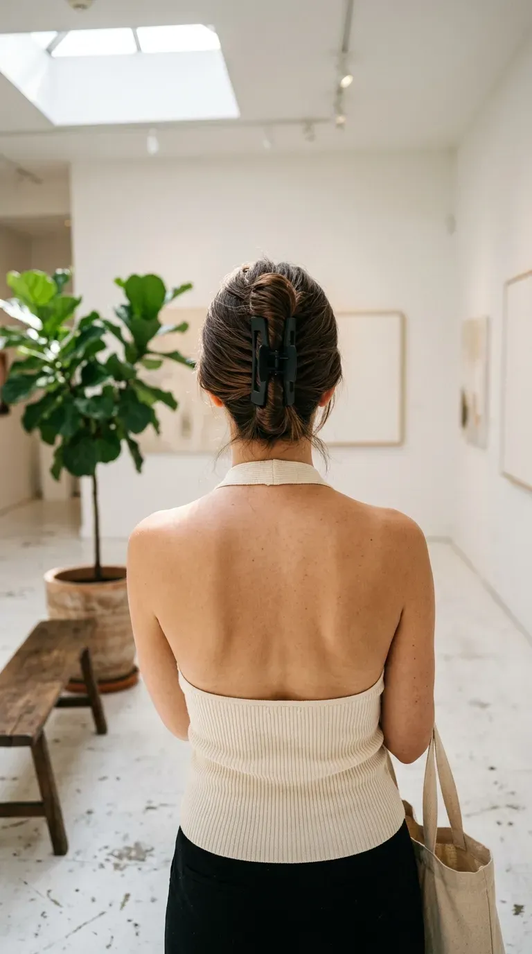 Two thin braids pinned across loose wavy hair at a backyard brunch