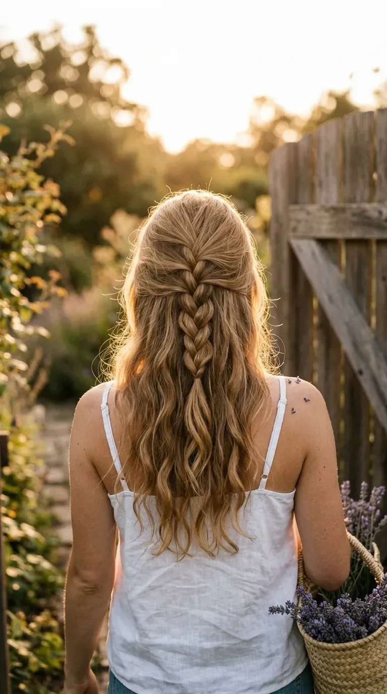 Back view of braided half up half down hairstyle with a Dutch braid and waves