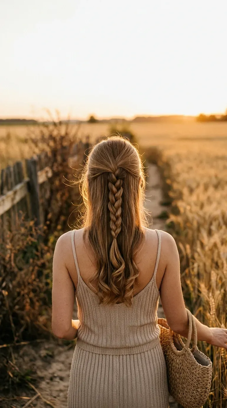 Back view of honey brown braided half up half down pony with curled ends