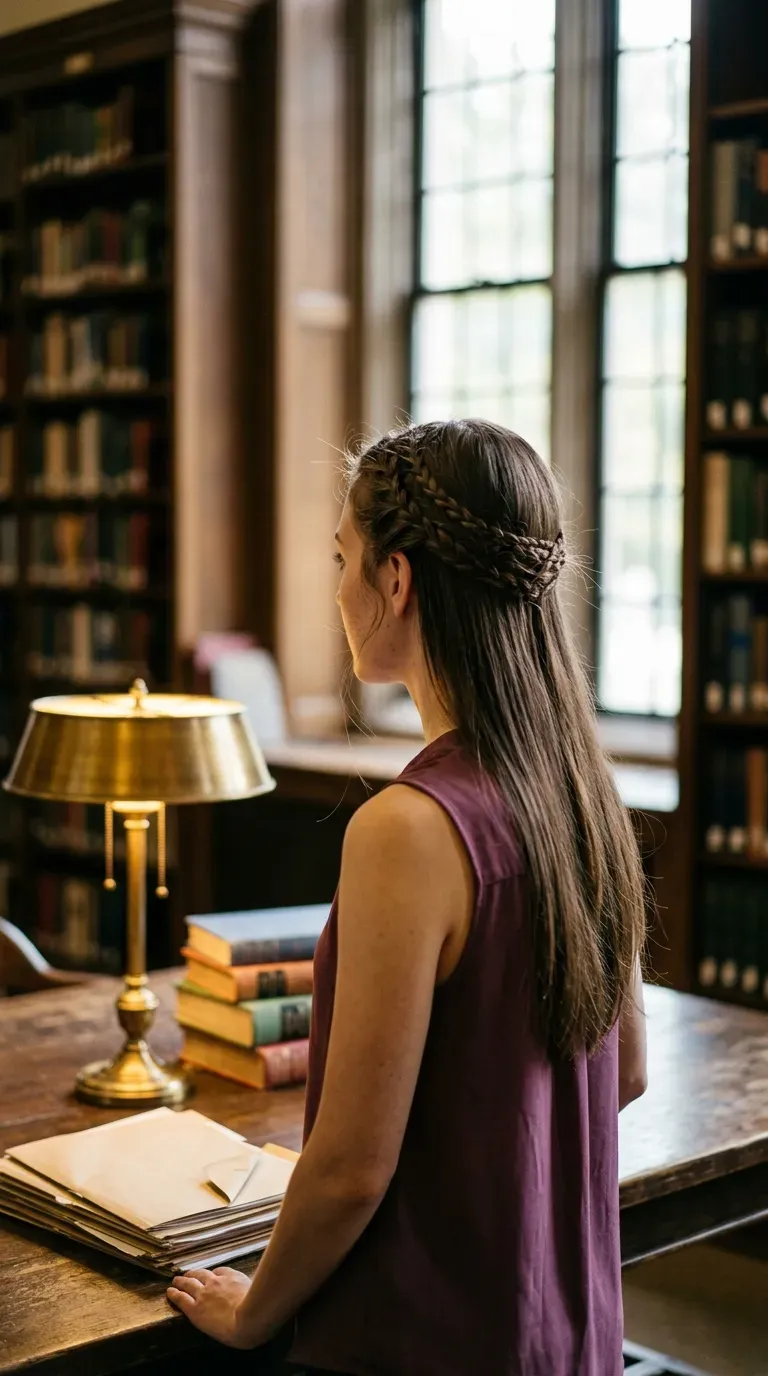 Back three quarter view of a braided halo headband with hair down in a library