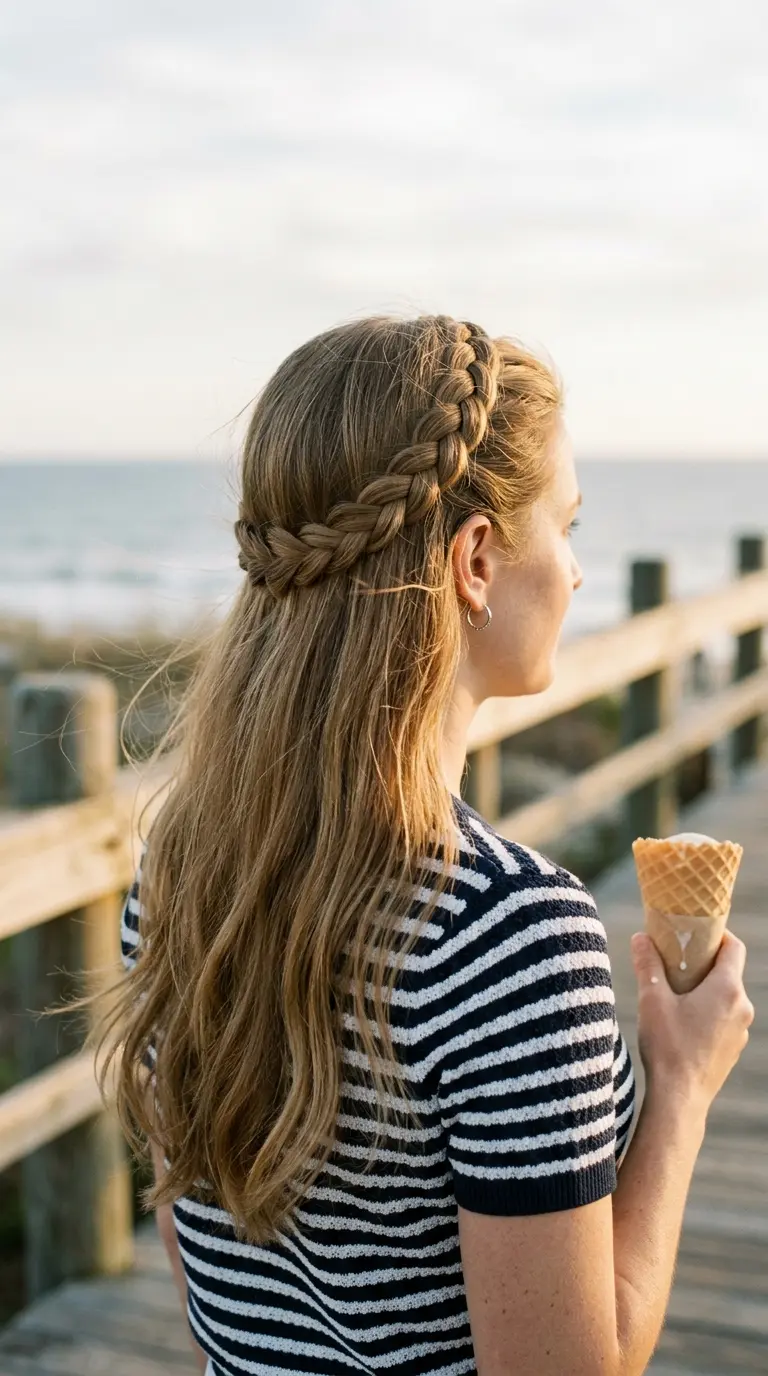 Three quarter view of a thin braid running across the top of the head like a headband over long thin wavy hair