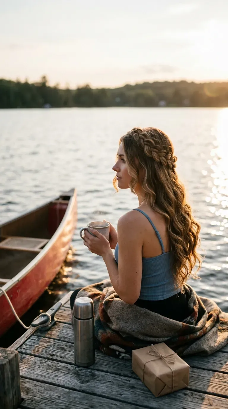 Three quarter front view of a braided headband with loose waves by a lake