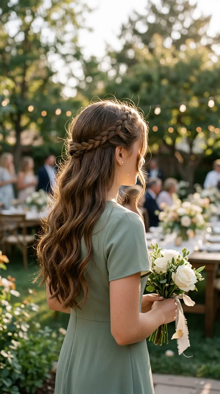 Three quarter view of a braid running across the top of the head like a headband over long loose waves