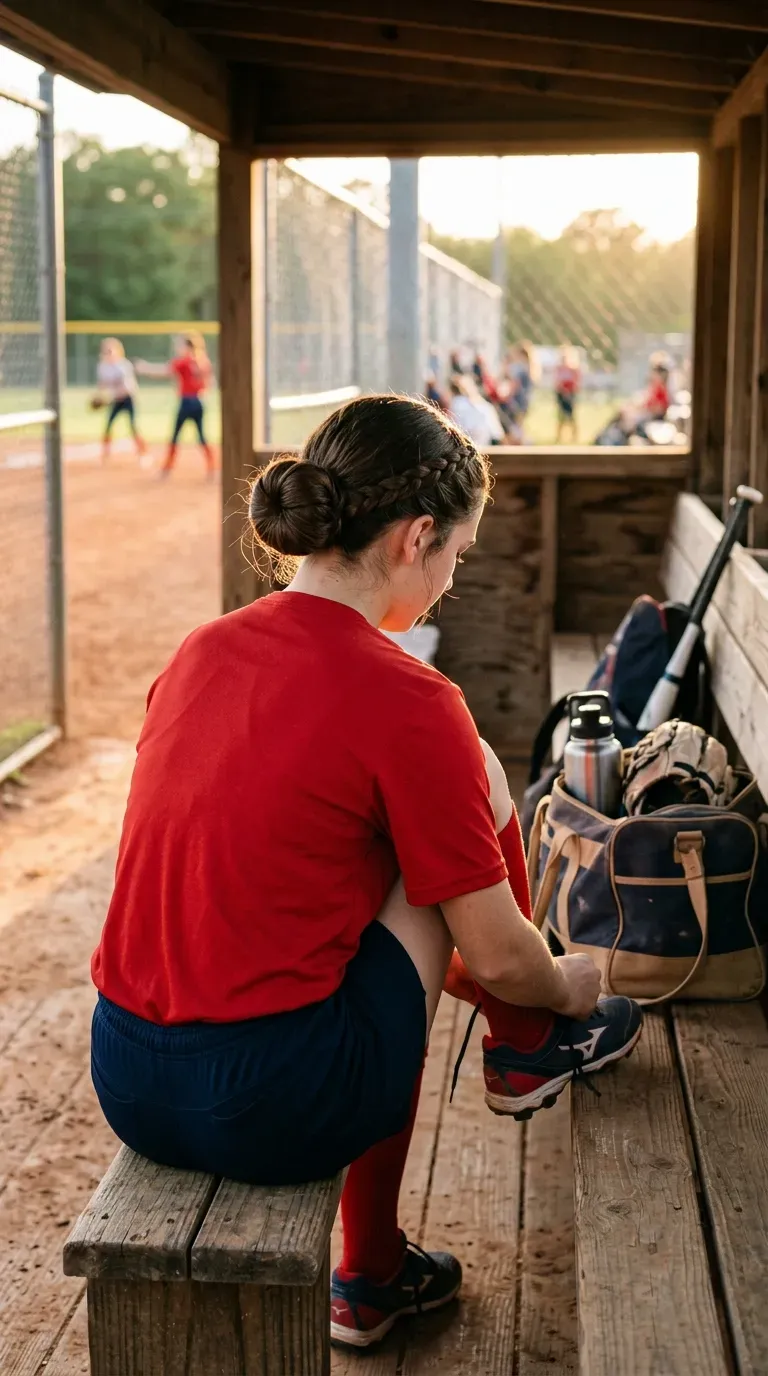 Braided headband and sleek low bun on a softball player sitting in a dugout