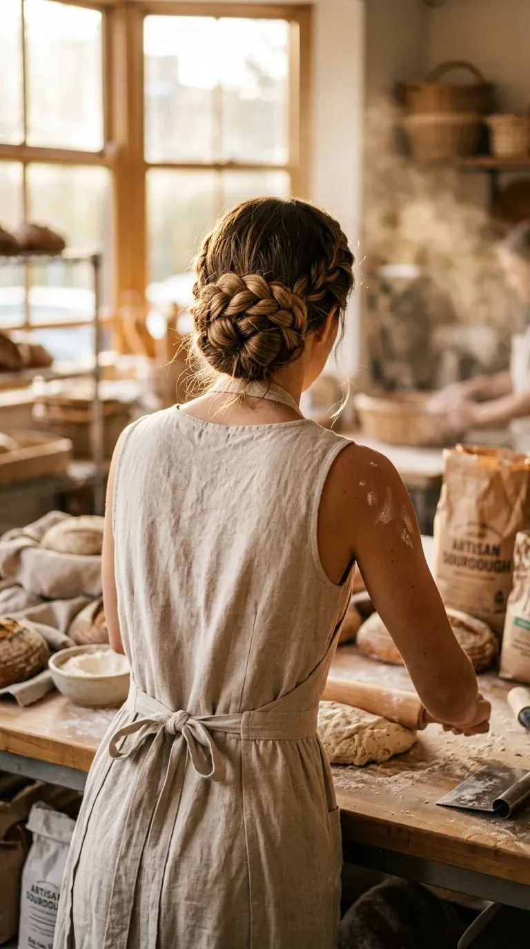 Woman from behind with a wide braided low bun in a sunny bakery