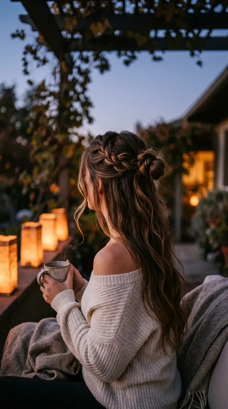 Back view of brunette hair with a braided mini bun at the crown