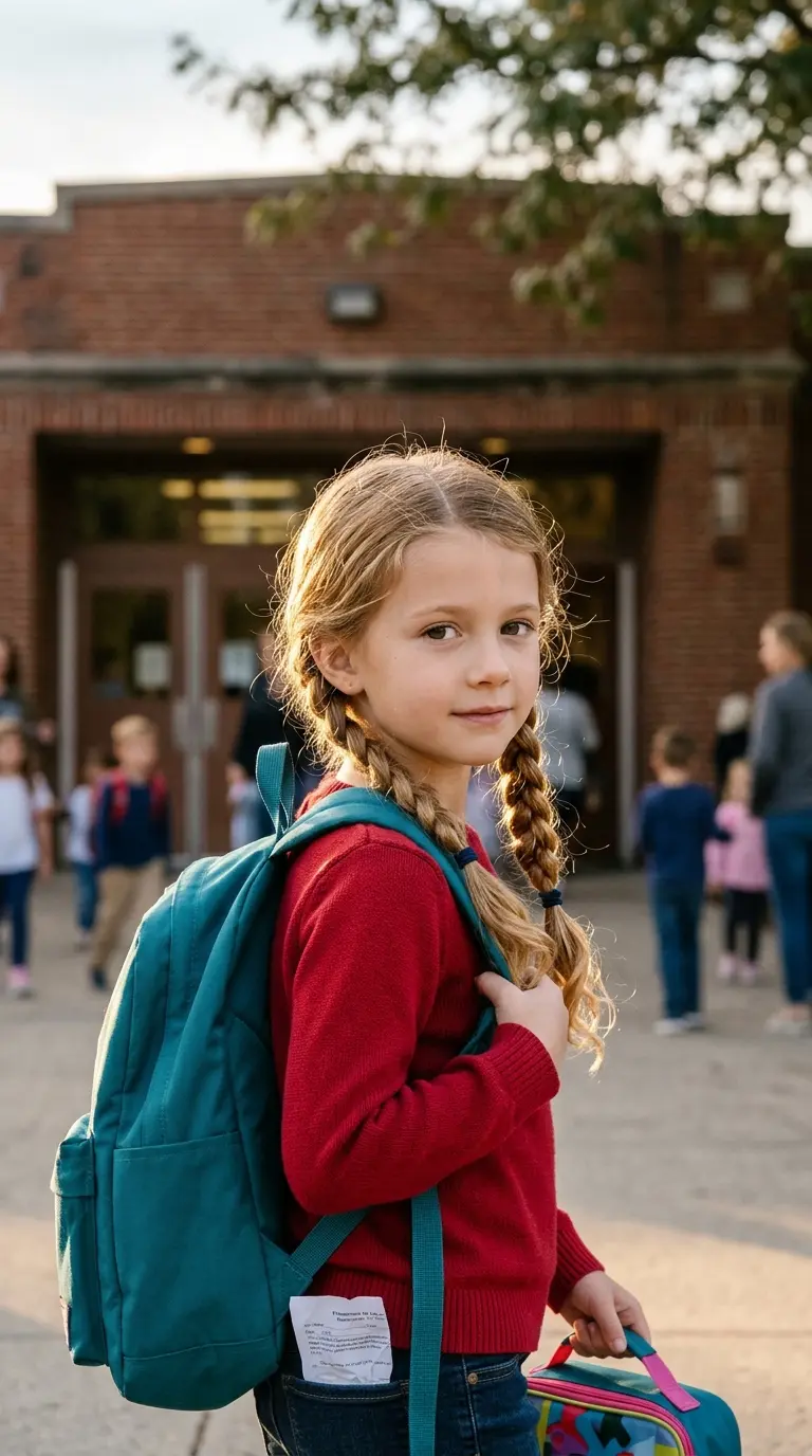 Over the shoulder view of a girl with two long braided pigtails walking into school