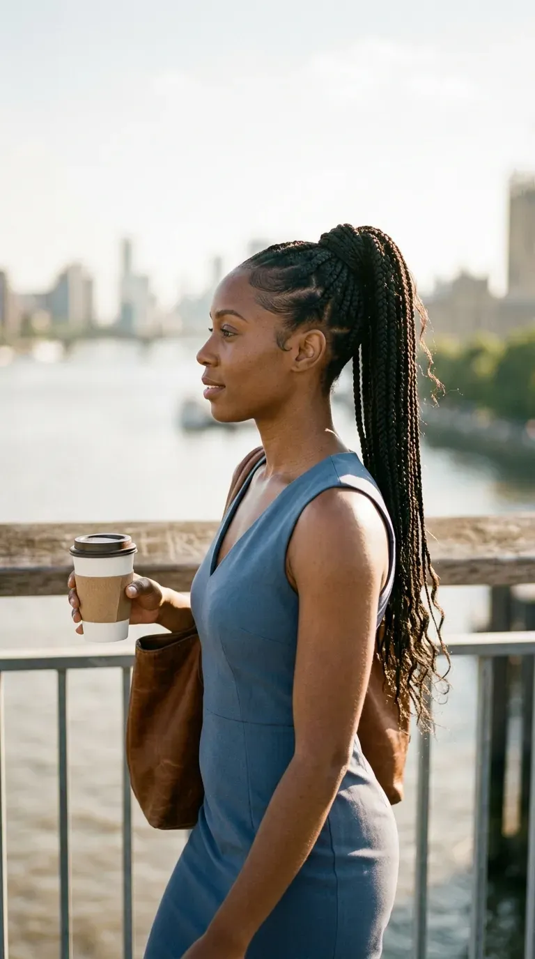 Side profile of a long braided ponytail wrapped at the base on a bridge