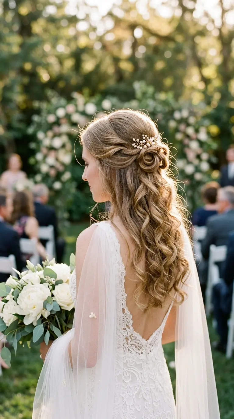 Three quarter back view of a bridal half up style with pinned curls and a small floral comb above long cascading curls