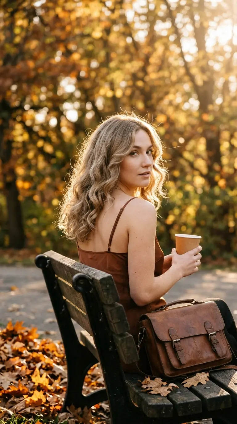 Over the shoulder view of ash blonde brushed out curls on medium length hair