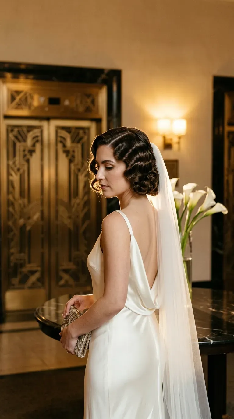 Side profile of a bubble braid half up style with a veil on a rooftop