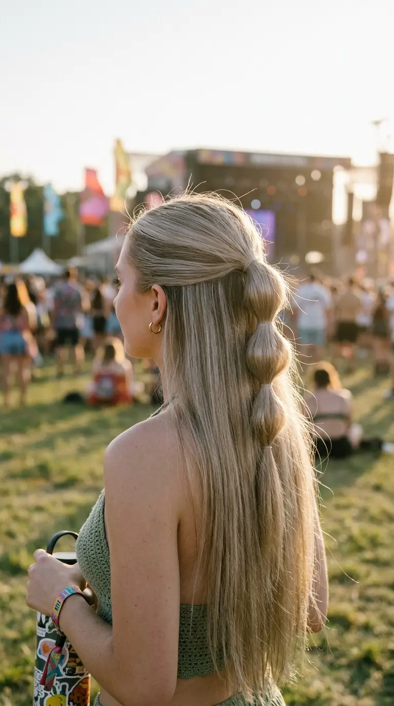 Three quarter back view of a half up ponytail divided into puffed bubble sections by small elastics