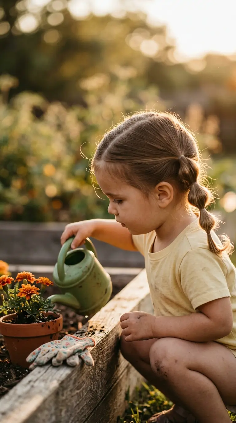Side profile of a toddler girl hairstyle with bubble pigtails while watering flowers