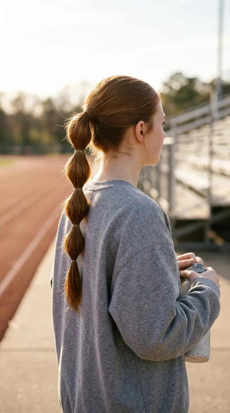Side profile of a high ponytail divided into round bubbles with clear elastics down long auburn hair