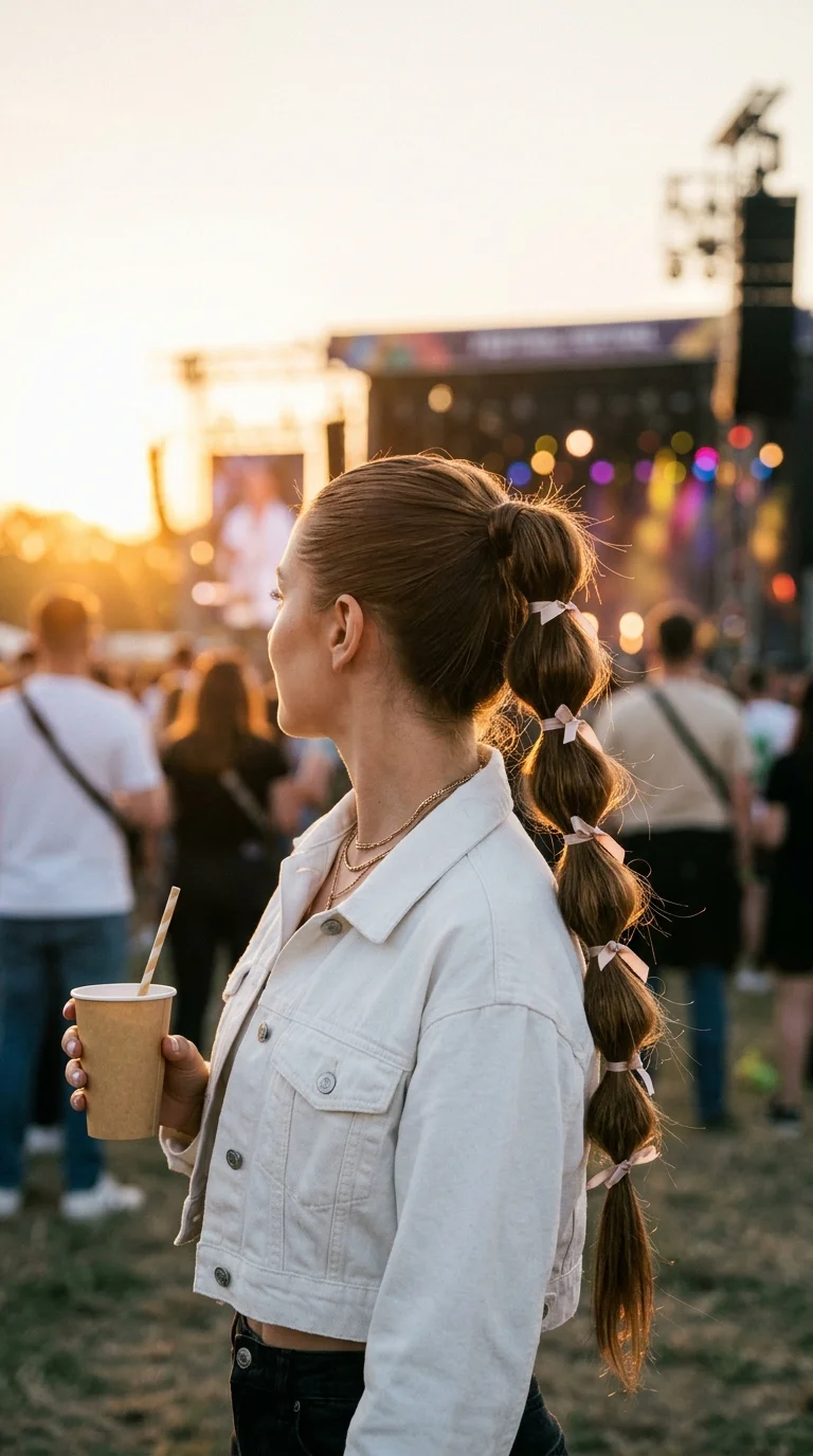 Three quarter back view of a long bubble ponytail with round puffed sections on long chestnut brown hair