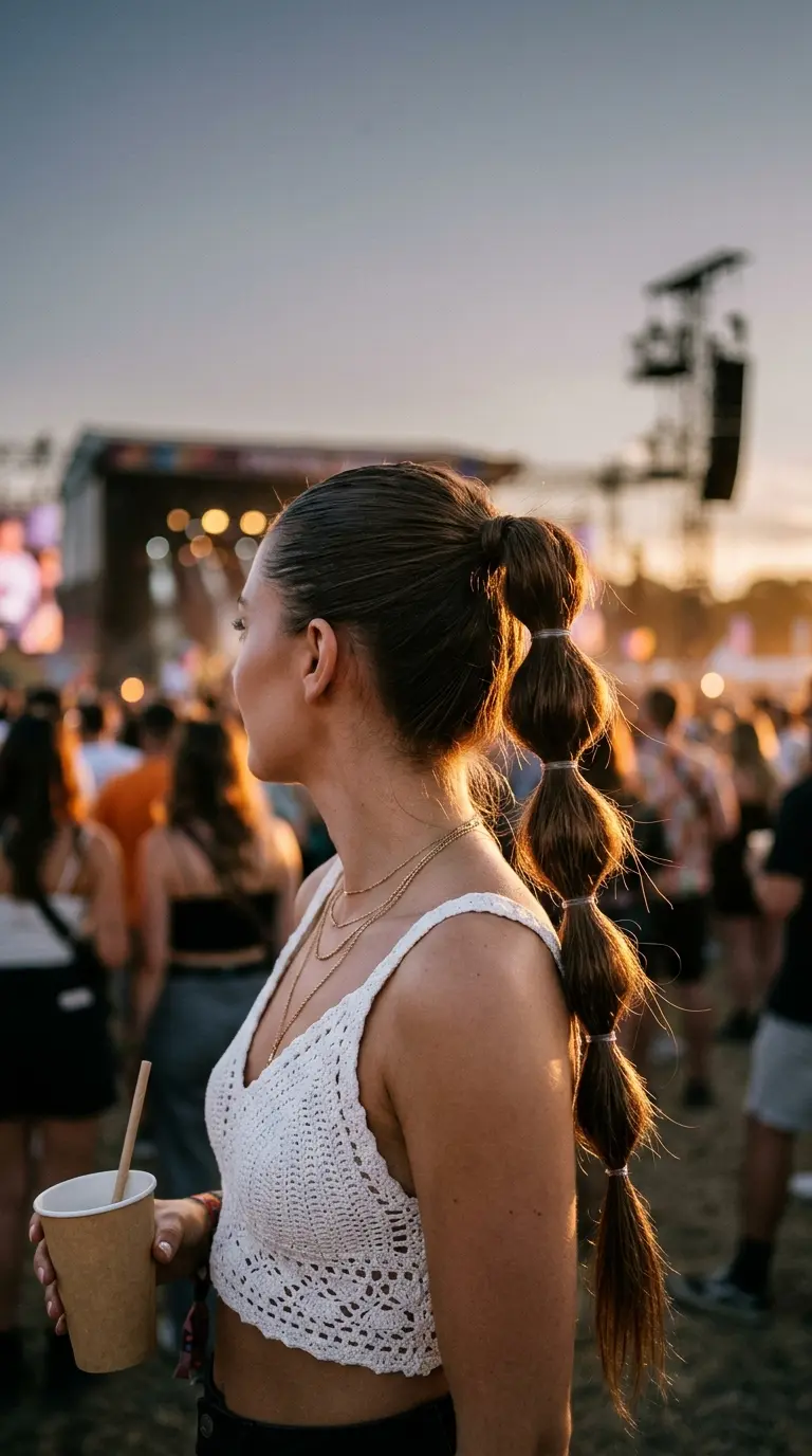 Three quarter back view of a bubble ponytail with round puffed sections on long thin dark brown hair
