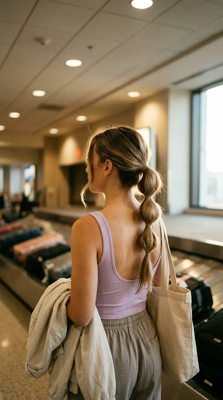 Back three quarter view of a bubble ponytail with three soft elastics at baggage claim