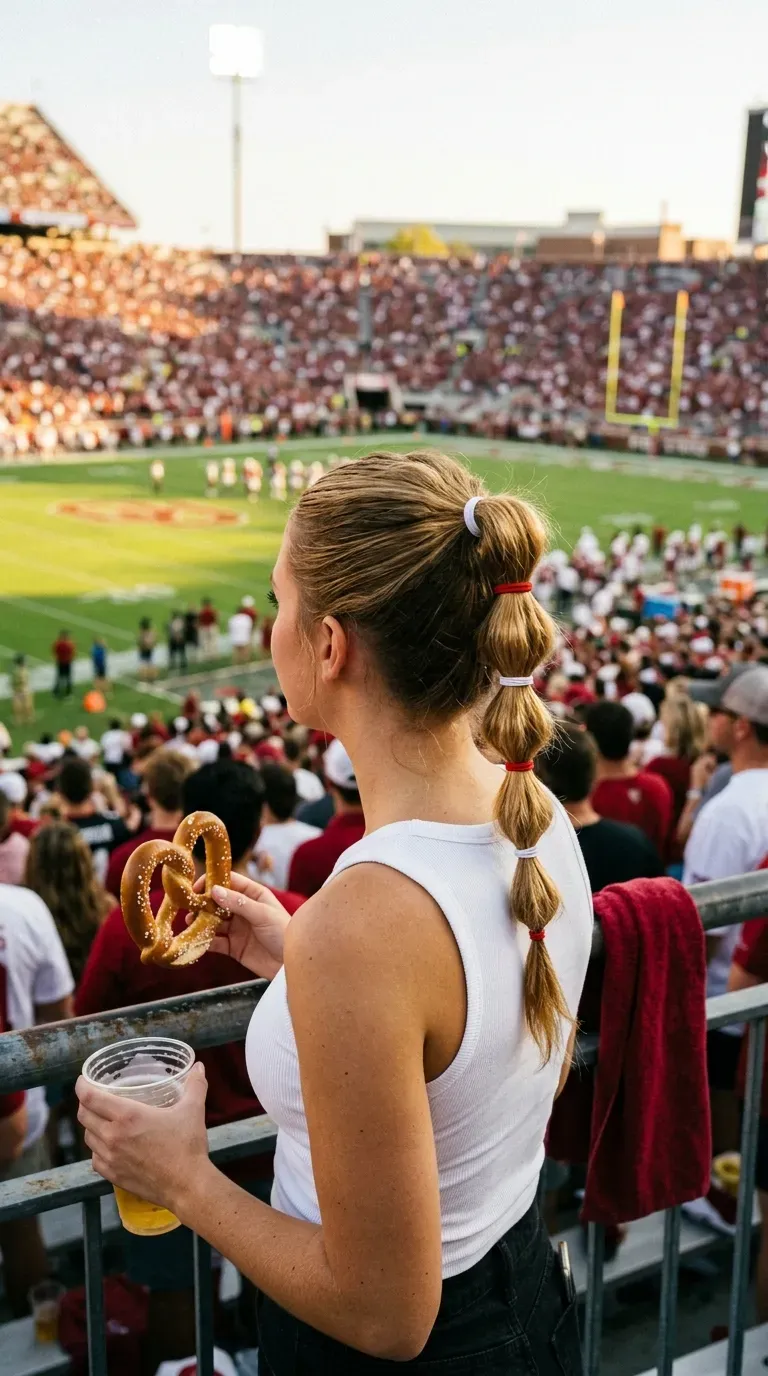 High bubble ponytail with alternating team color elastics at a stadium