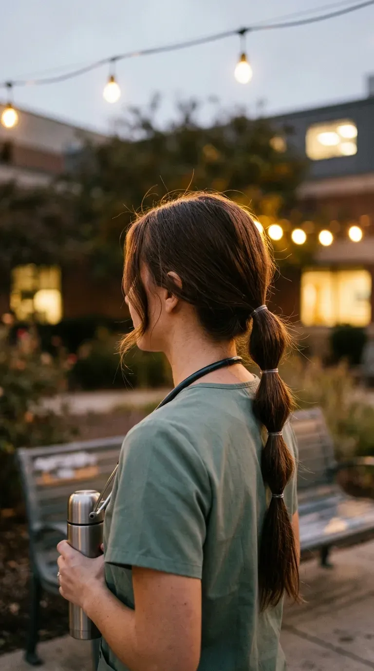 Three quarter back view of a bubble ponytail with three clear elastics at dusk