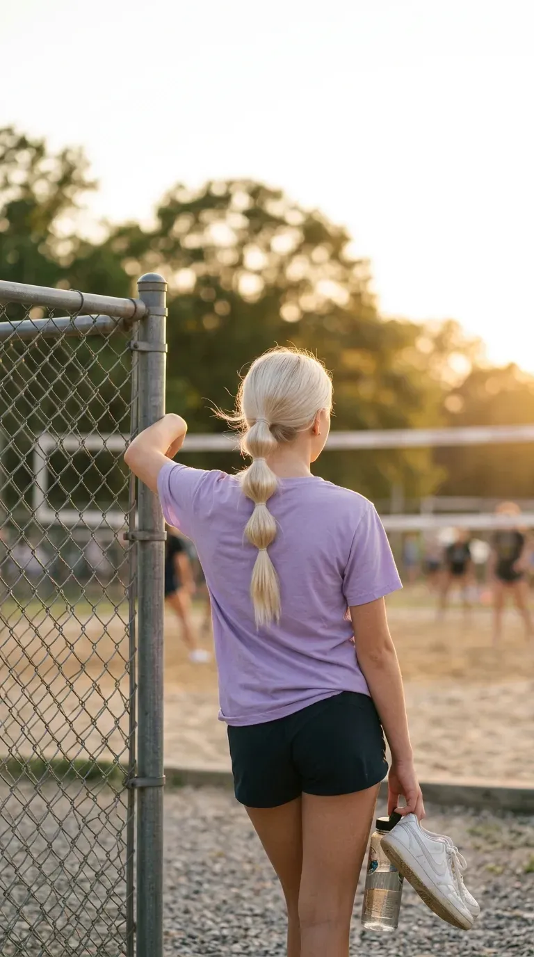 Long blonde bubble ponytail with clear elastics on a girl leaning on a fence