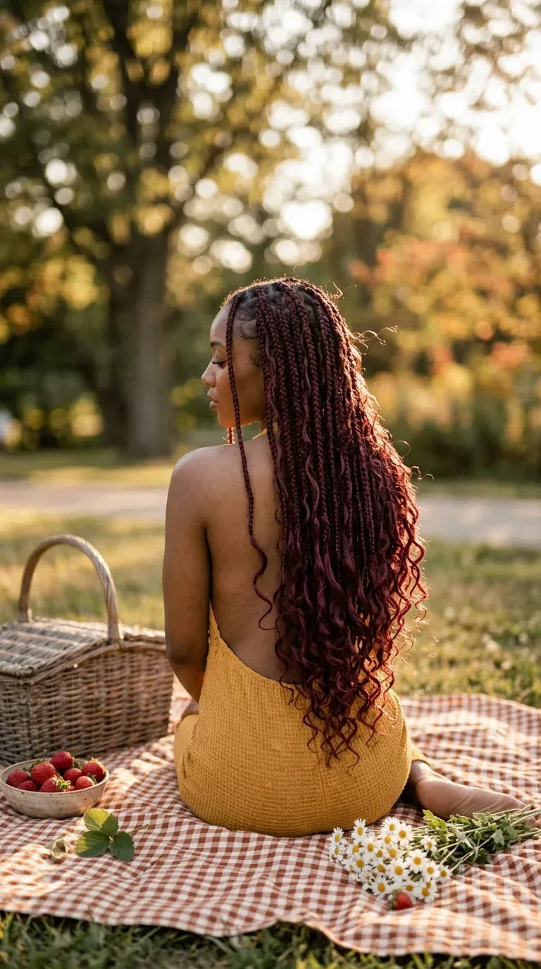 Three quarter back view of burgundy boho knotless braids with curly ends at a picnic