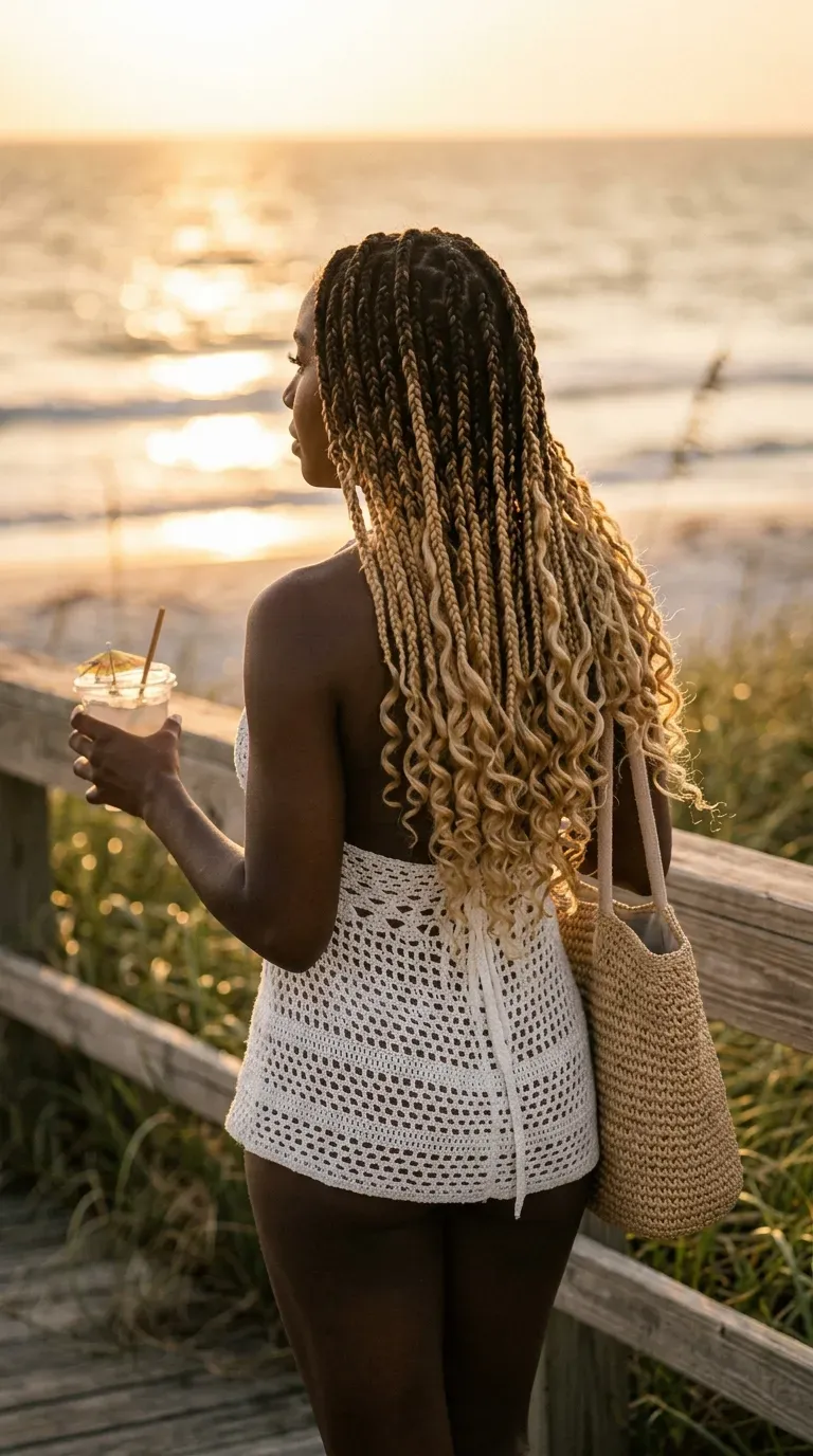 Burgundy goddess braids with glossy defined curls at a candlelit wine bar